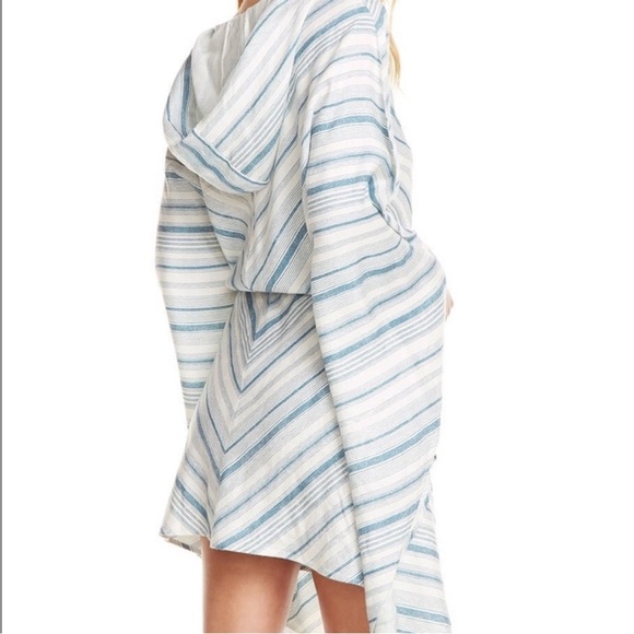 Chaser Other - Chaser Linen Hooded Cover-Up Dress Blue Striped Lace-Up Tie Waist Beach Sz Small